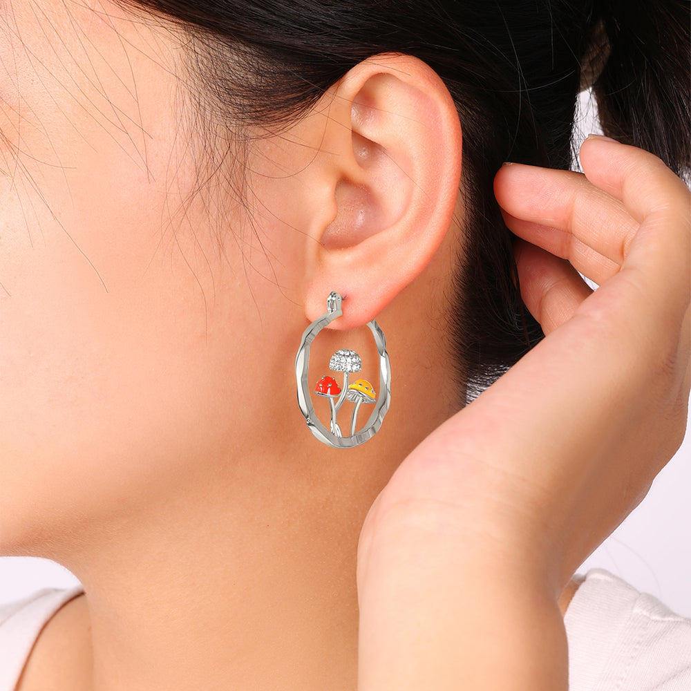 Boho Mushroom Hoop Earrings - Silver