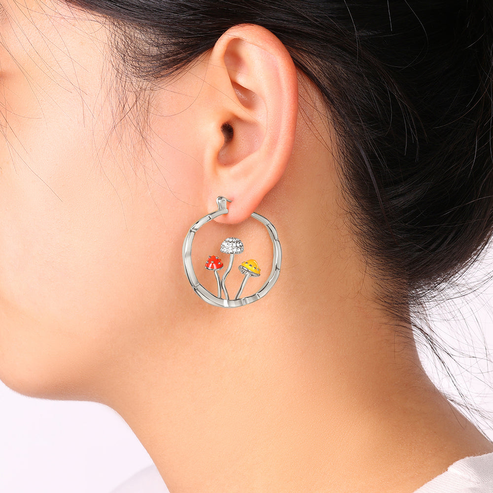 Boho Mushroom Hoop Earrings - Silver