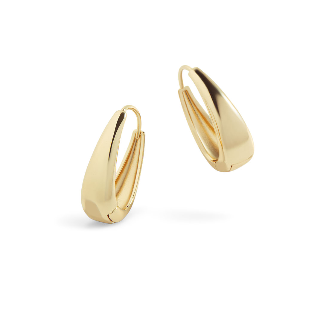 A pair of chunky teardrop hoop earrings with 18k gold plating on a white background.