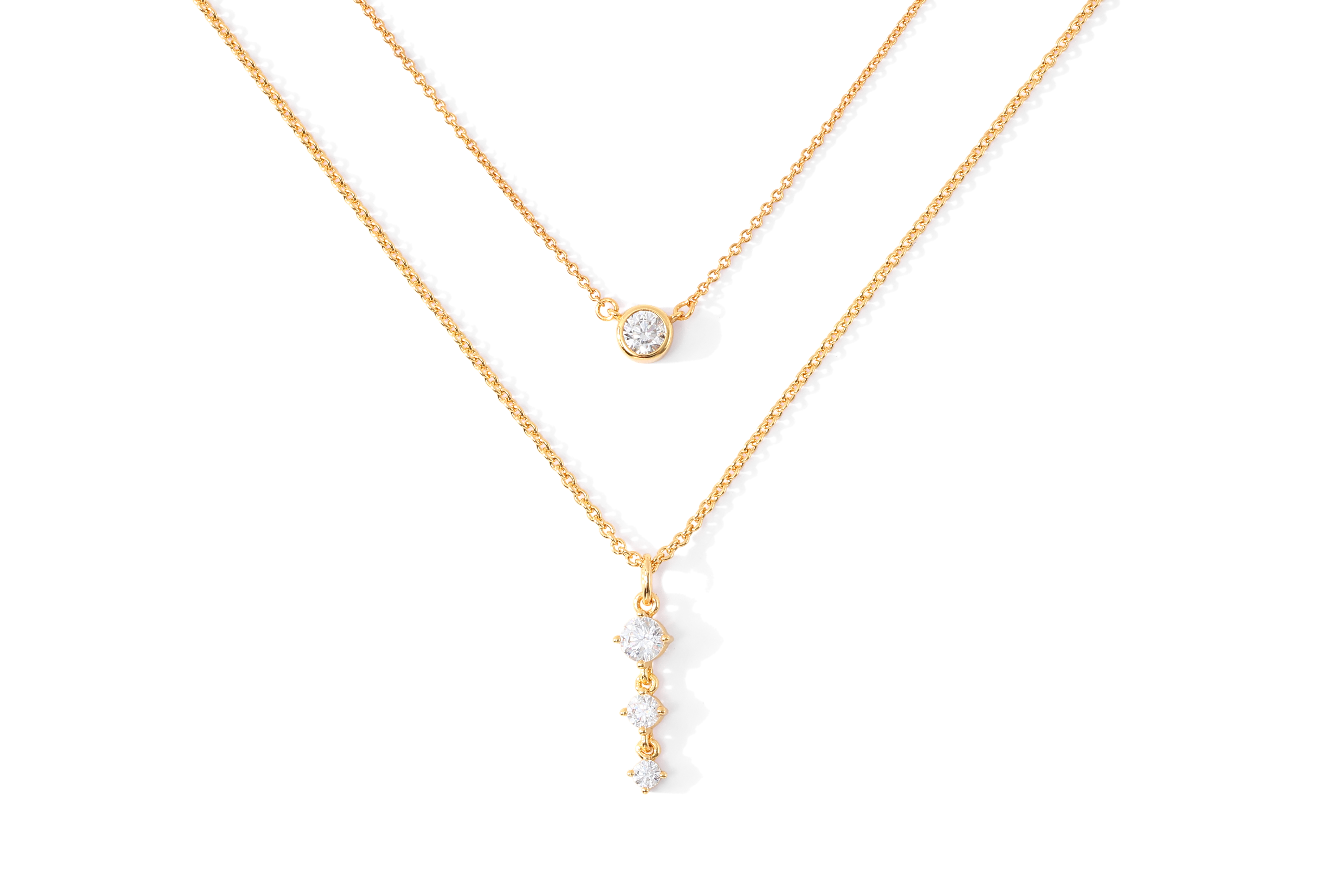 Classic Bezel Solitaire & Three Stone Drop Necklace Bundle