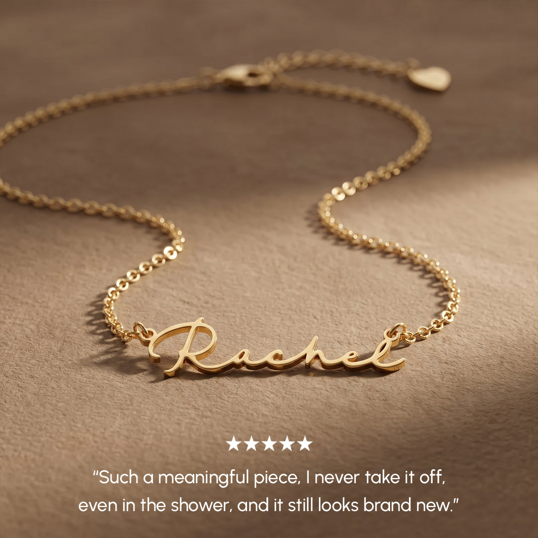 Gold name necklace on a brown background with a five-star rating and customer review.
