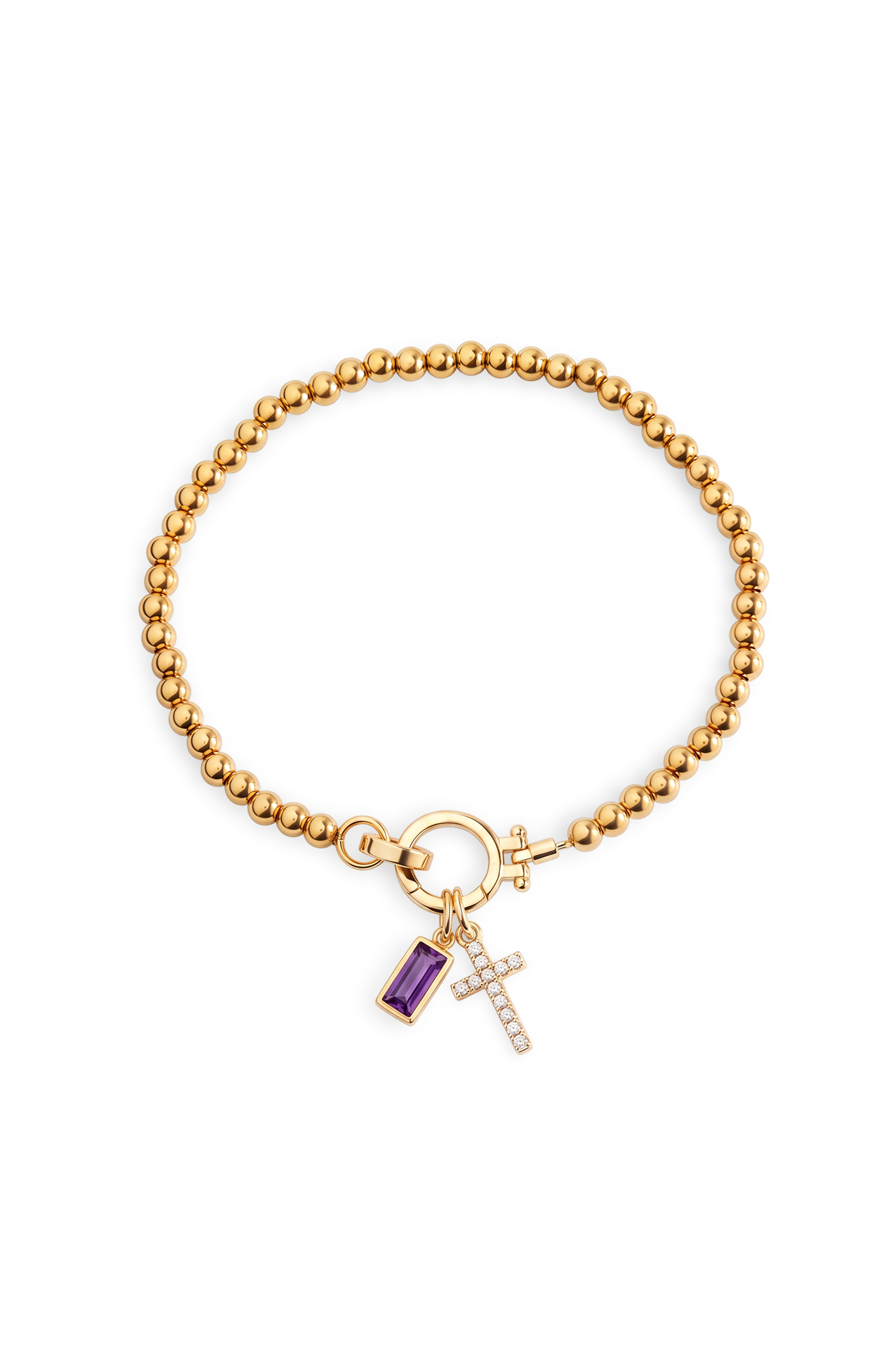 Cross Charm Birthstone Bracelet with gold beaded chain, cross charm and February amethyst birthstone charm on a white background.