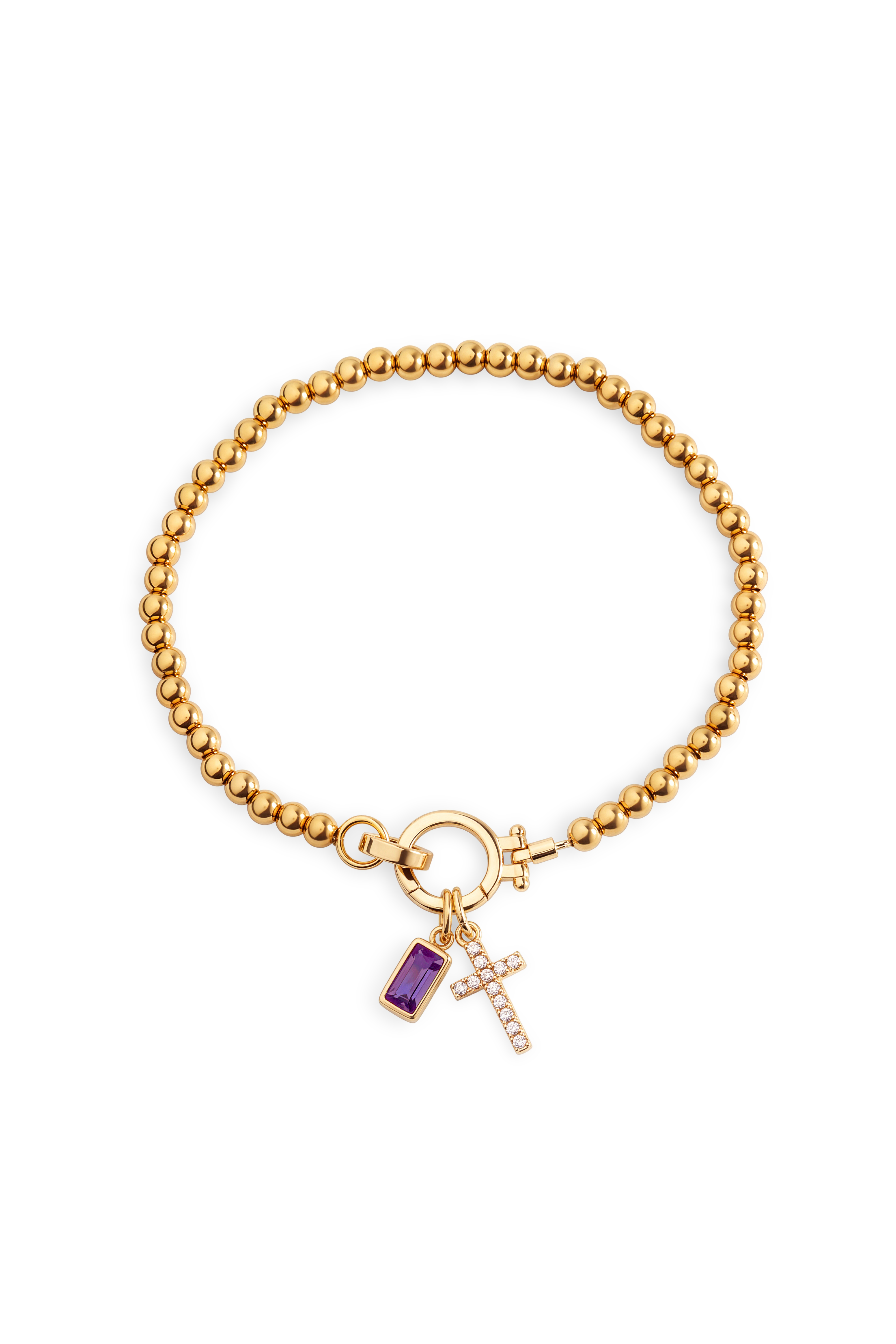 Cross Charm Birthstone Bracelet with gold beaded chain, cross charm and June alexandrite birthstone charm on a white background.