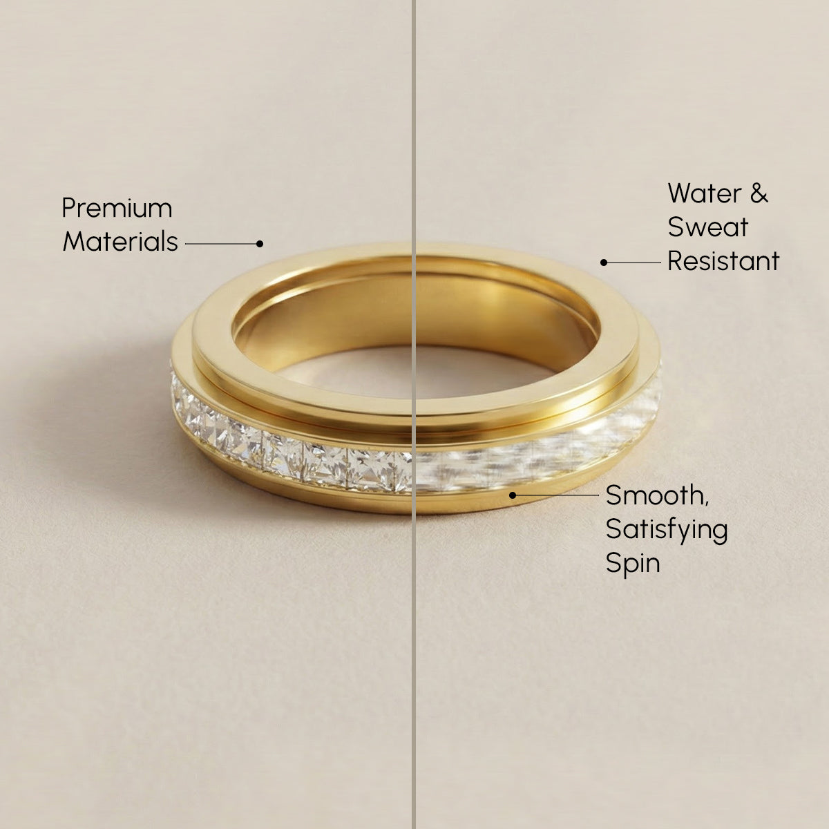 Gold ring with diamond accents on a beige background, featuring text about material quality, water & sweat resistance, and smooth spin.