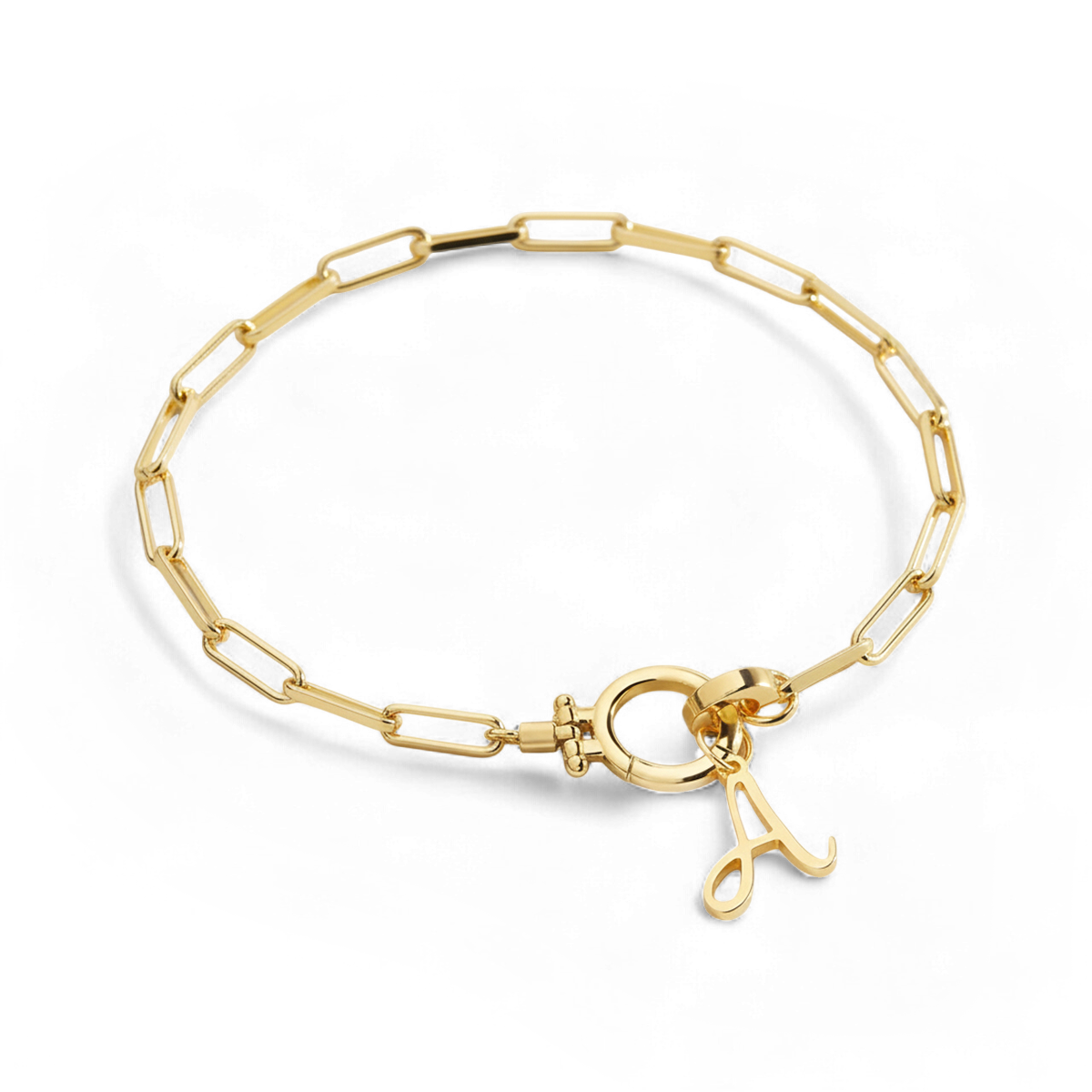 Cursive Initial Charm on Mint Paperclip Bracelet