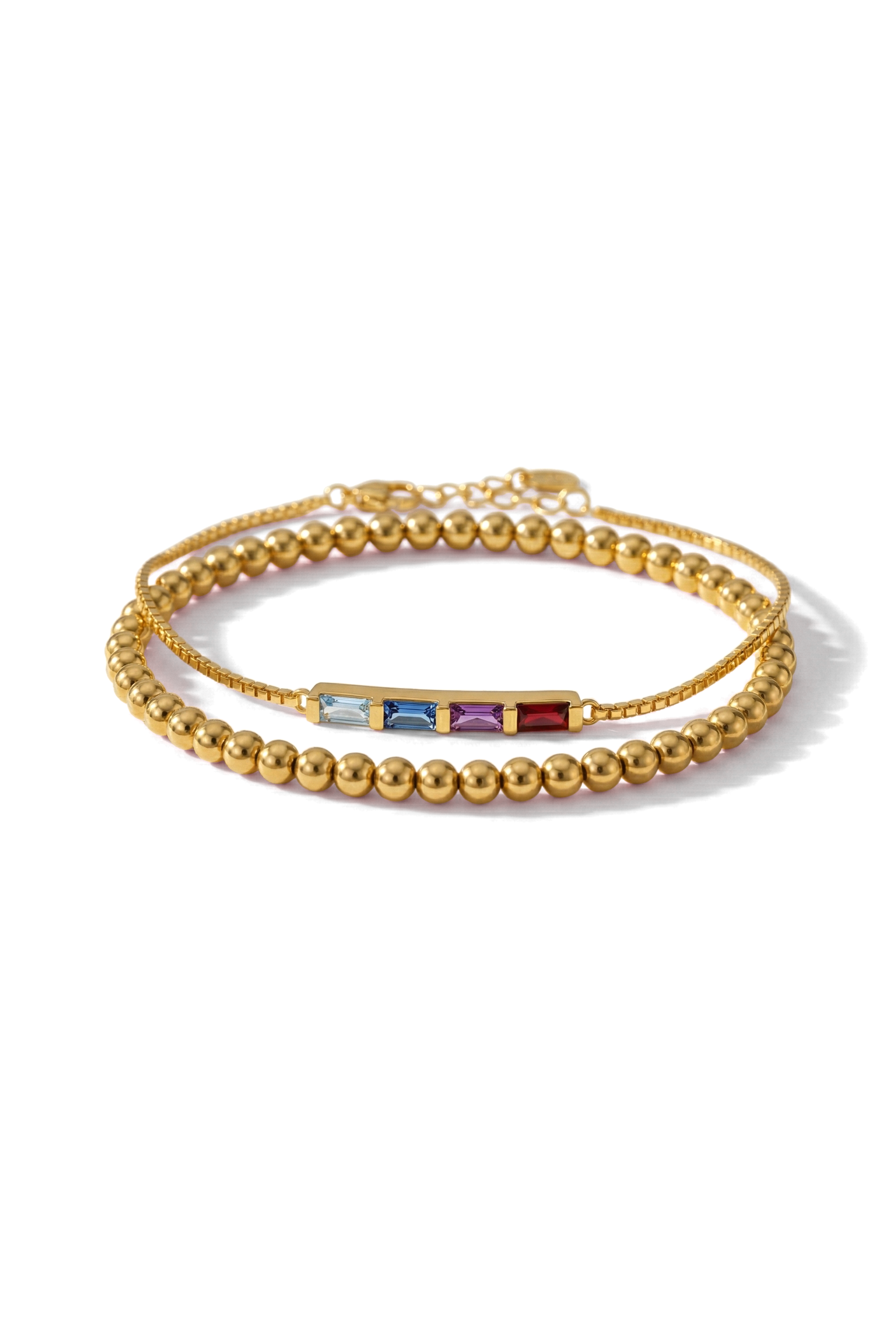 Dainty Baguette Birthstone Bracelet and Beaded Stacking Bracelet Set