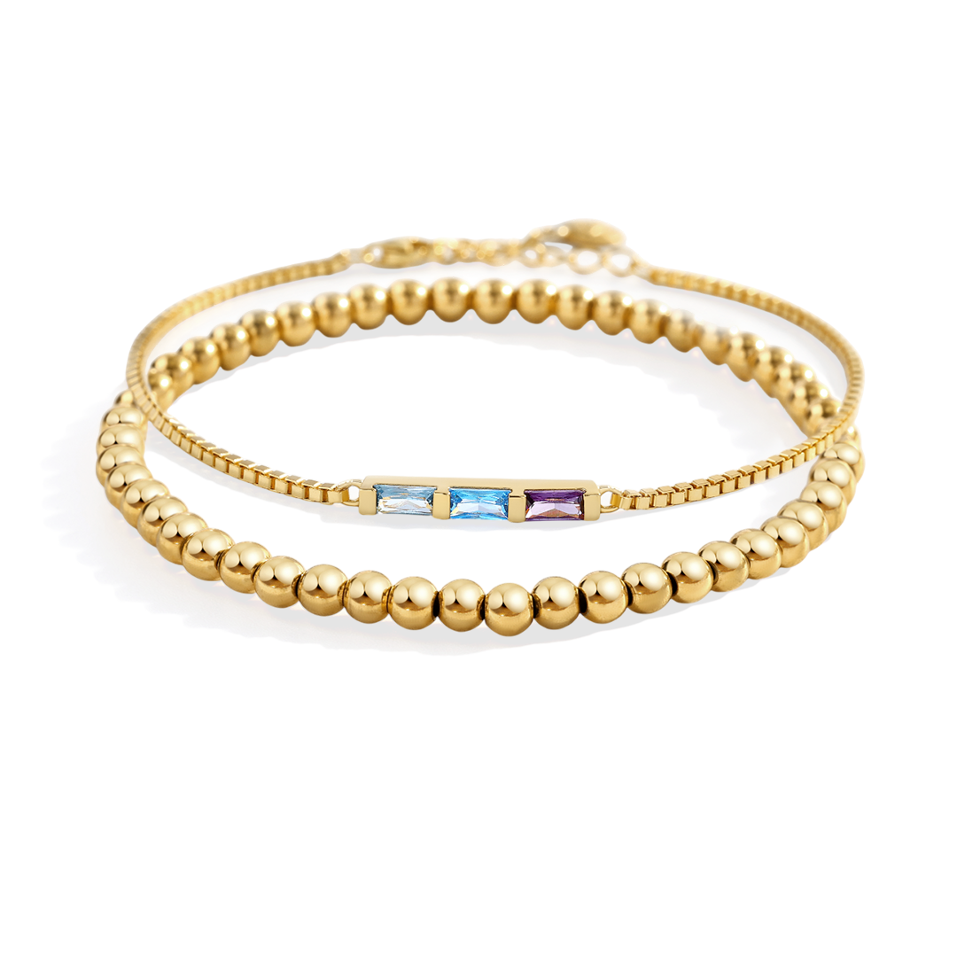 Dainty Baguette Birthstone Bracelet and Beaded Stacking Bracelet Set