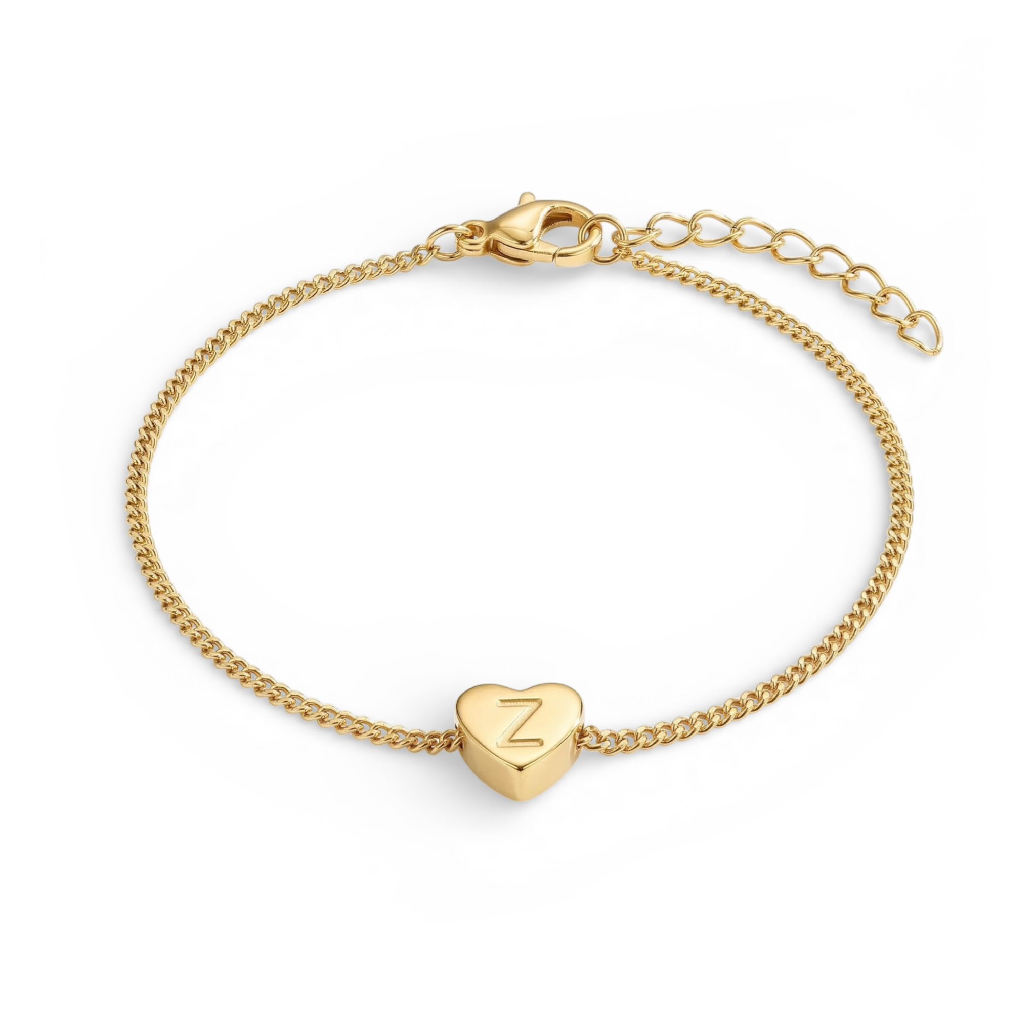 Gold bracelet with a heart-shaped charm displaying the letter 'Z' on a white background