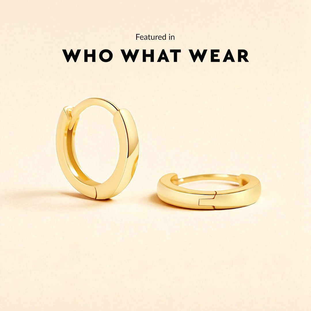 Gold hoop earrings on a beige background with 'WHO WHAT WEAR' text.
