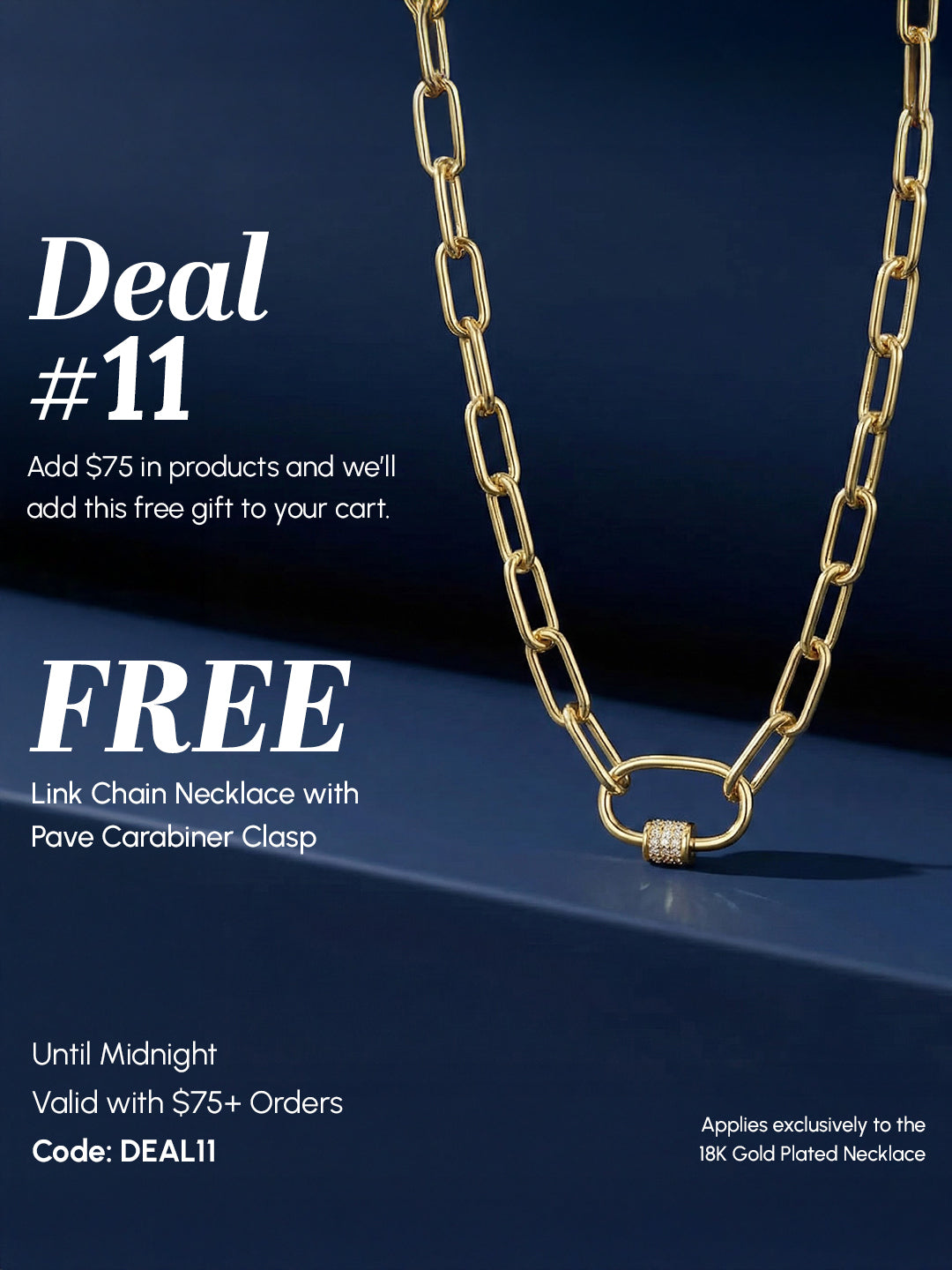 Gold chain necklace with carabiner clasp on a dark blue background, promotional text overlay.
