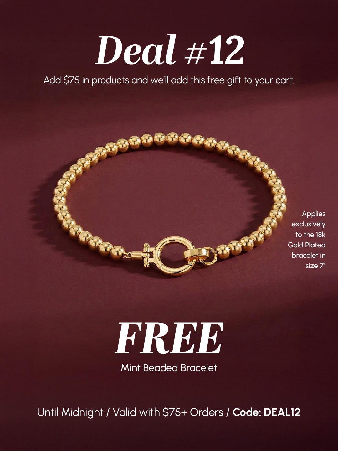 Gold beaded bracelet on a dark red background with promotional text.