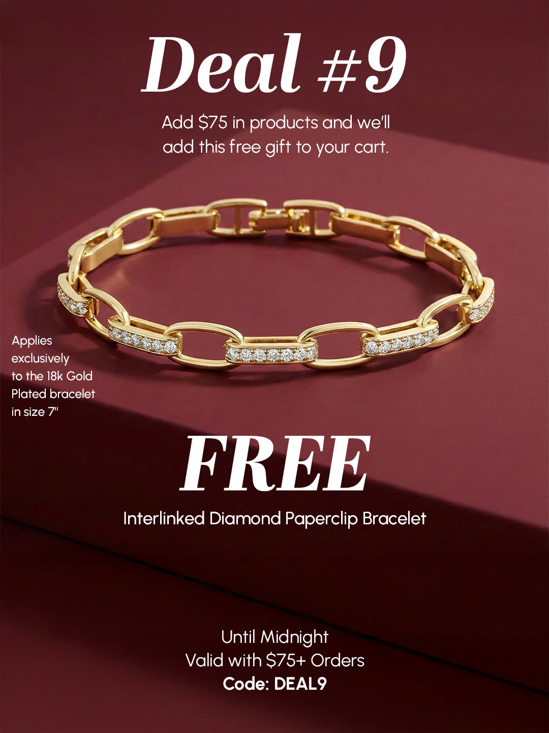 Gold bracelet with diamond accents on a red background, promotional text for a free gift offer.
