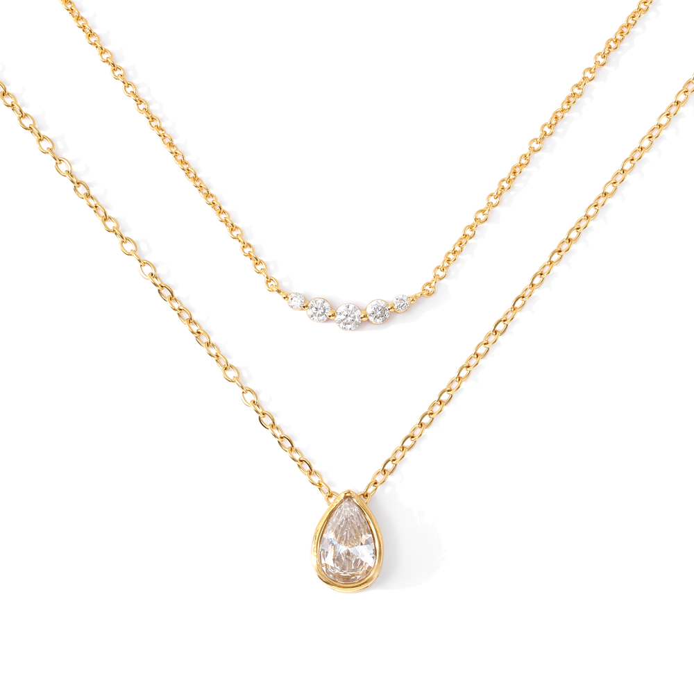 Diamond Teardrop & Mini Arc Necklace Stack - 18k Gold Plated / 16" + 2"