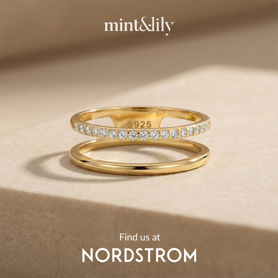 Gold ring with diamonds on a beige background, featuring the brand 'mint & lily' and Nordstrom.