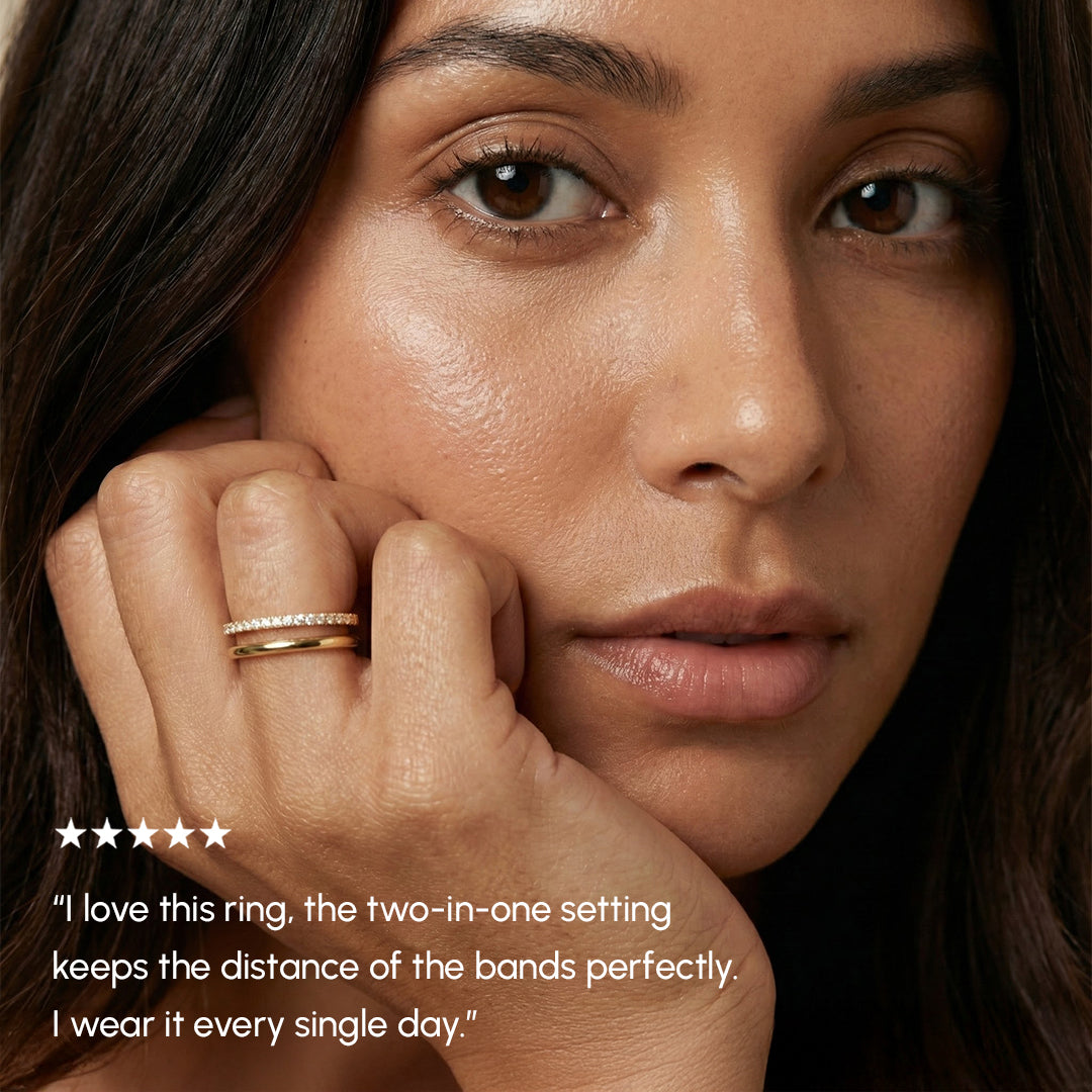 Close-up of a woman's face with a gold ring on her finger, text overlay about the ring.
