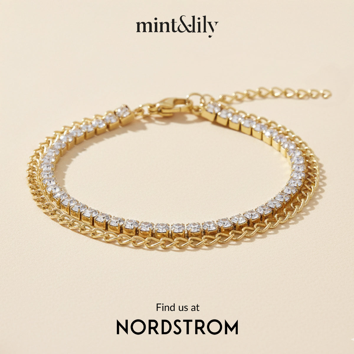 Gold bracelet with clear stones on a beige background, featuring the brand 'mint&lily' and Nordstrom's name.