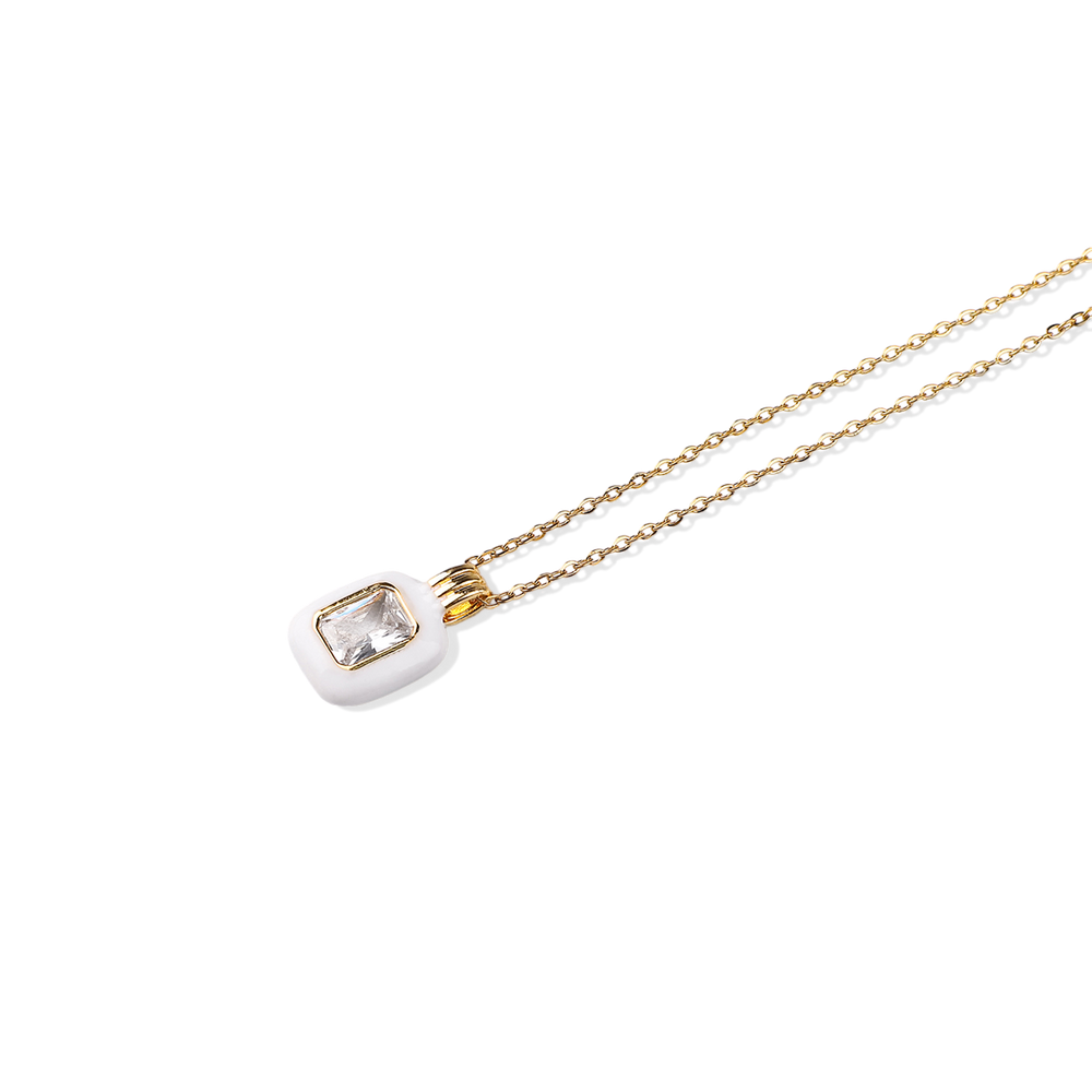 Emerald Cut Gemstone & Enamel Pendant Necklace - 18k Gold Plated / White