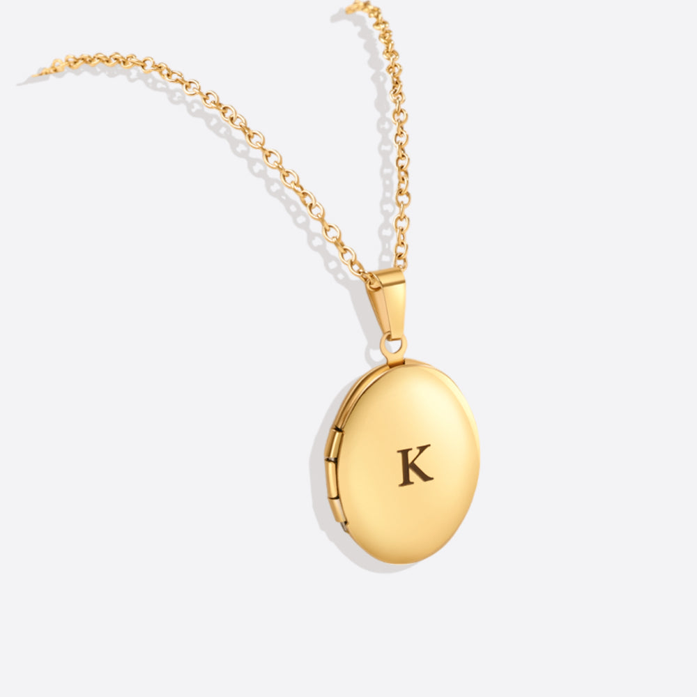 Engraved Oval Photo Locket Necklace - Gold