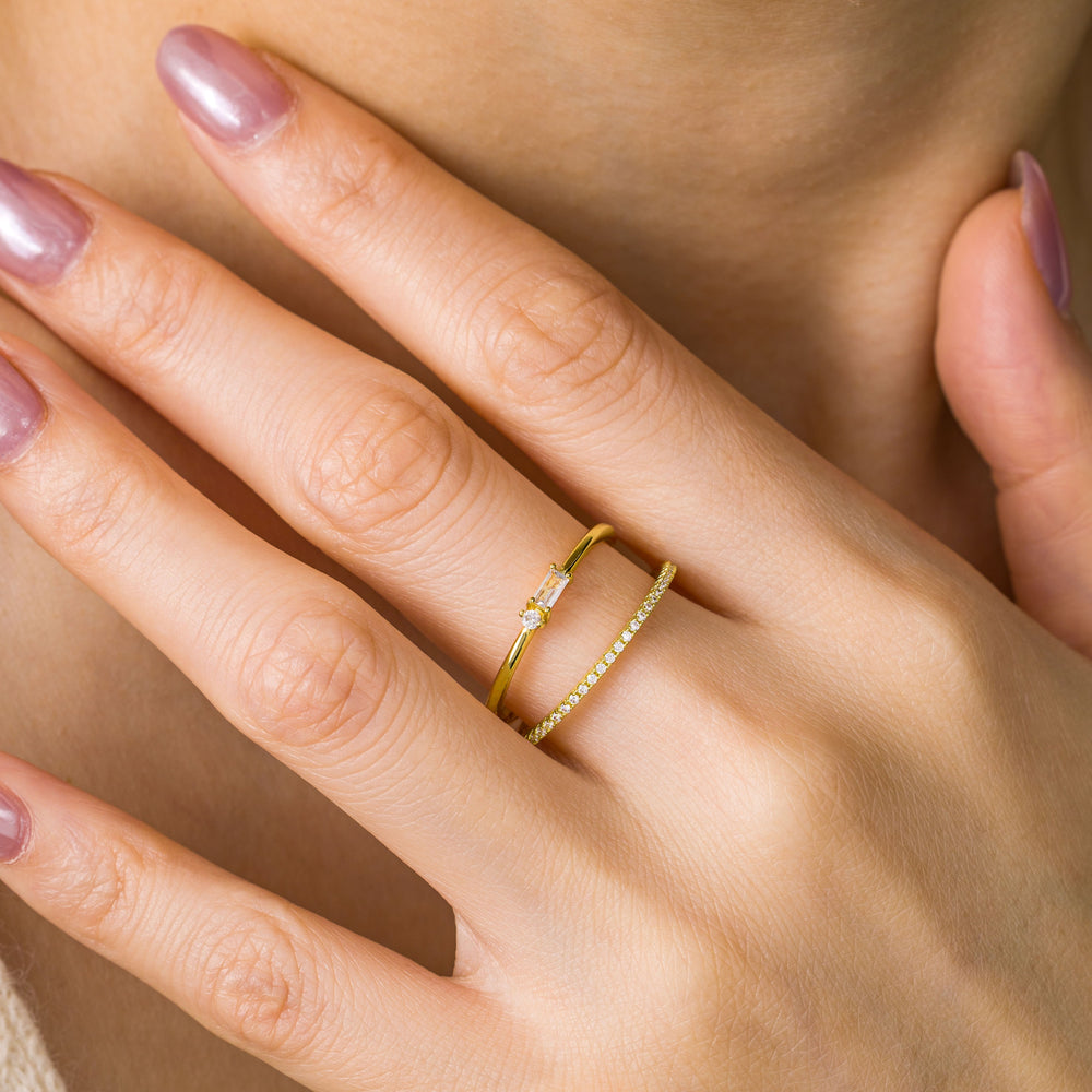 Eternity Diamond & Dainty Baguette Ring Stack - Gold / 7