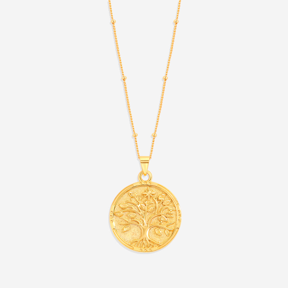 Tree of Life Vermeil Coin Pendant Necklace - 18k Gold Over Sterling Silver / 16" + 2"