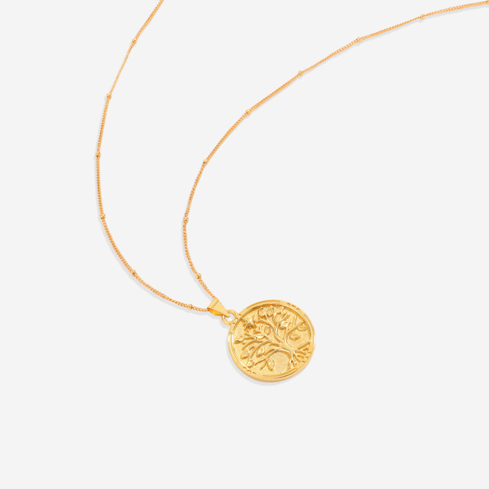 Tree of Life Vermeil Coin Pendant Necklace - 18k Gold Over Sterling Silver / 16" + 2"