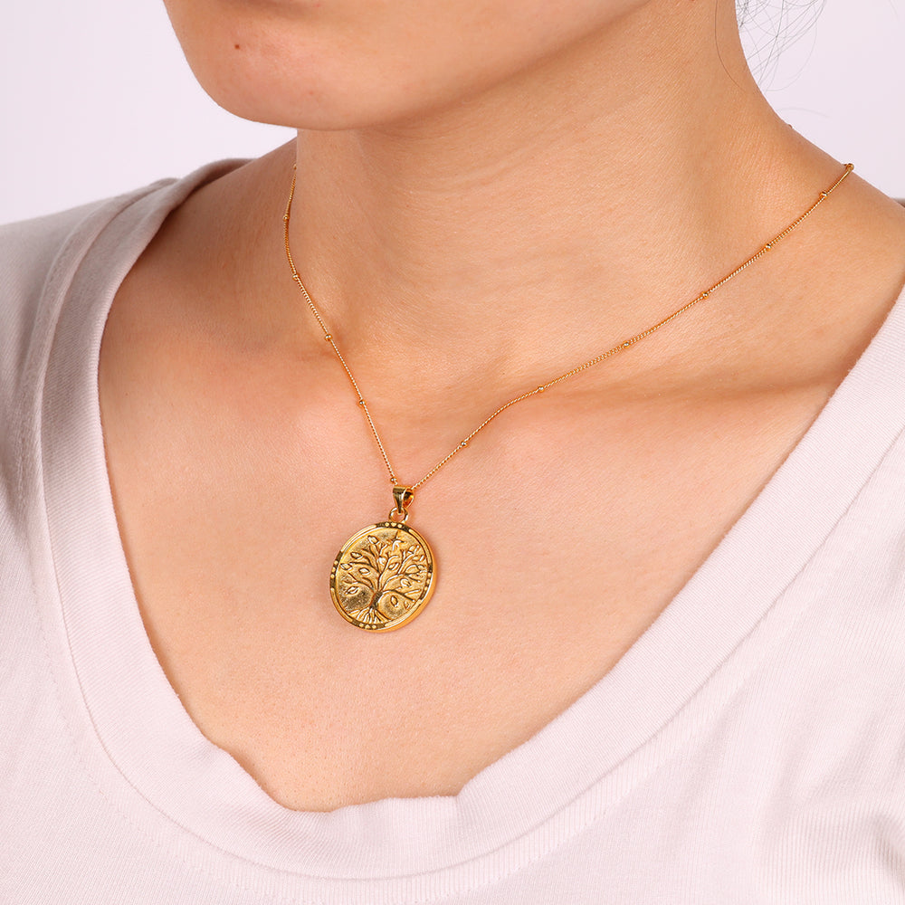 Tree of Life Vermeil Coin Pendant Necklace - 18k Gold Over Sterling Silver / 16" + 2"