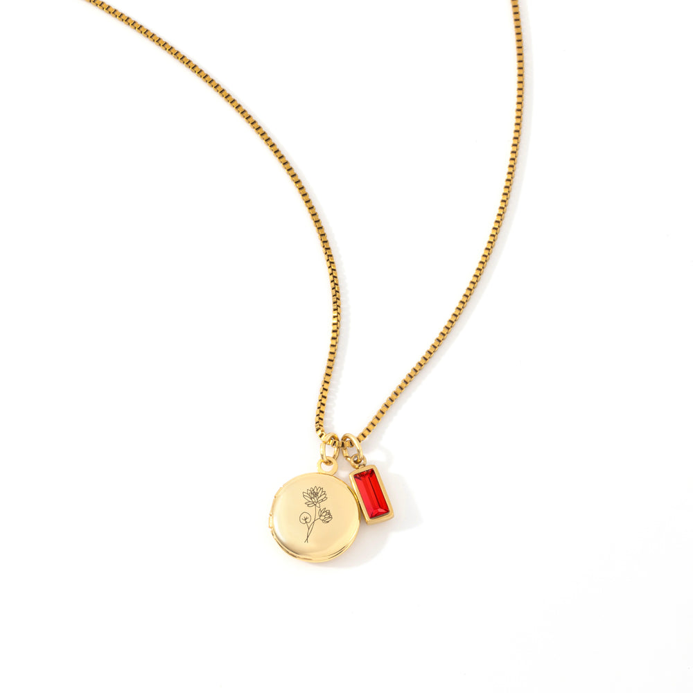 Family Birth Flower Locket Necklace with Birthstone - Gold / July Ruby