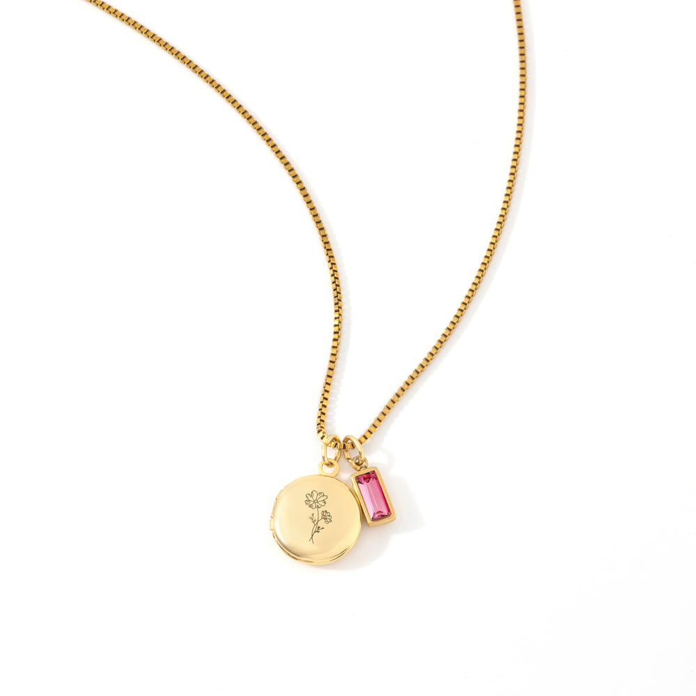 Family Birth Flower Locket Necklace with Birthstone - Gold / October Pink Tourmaline