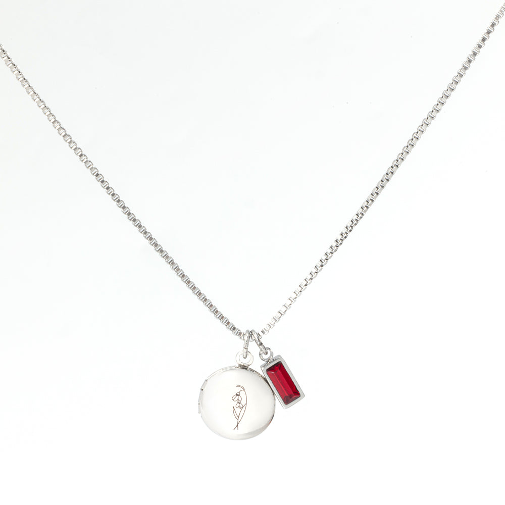 Family Birth Flower Locket Necklace with Birthstone - Silver / August Peridot