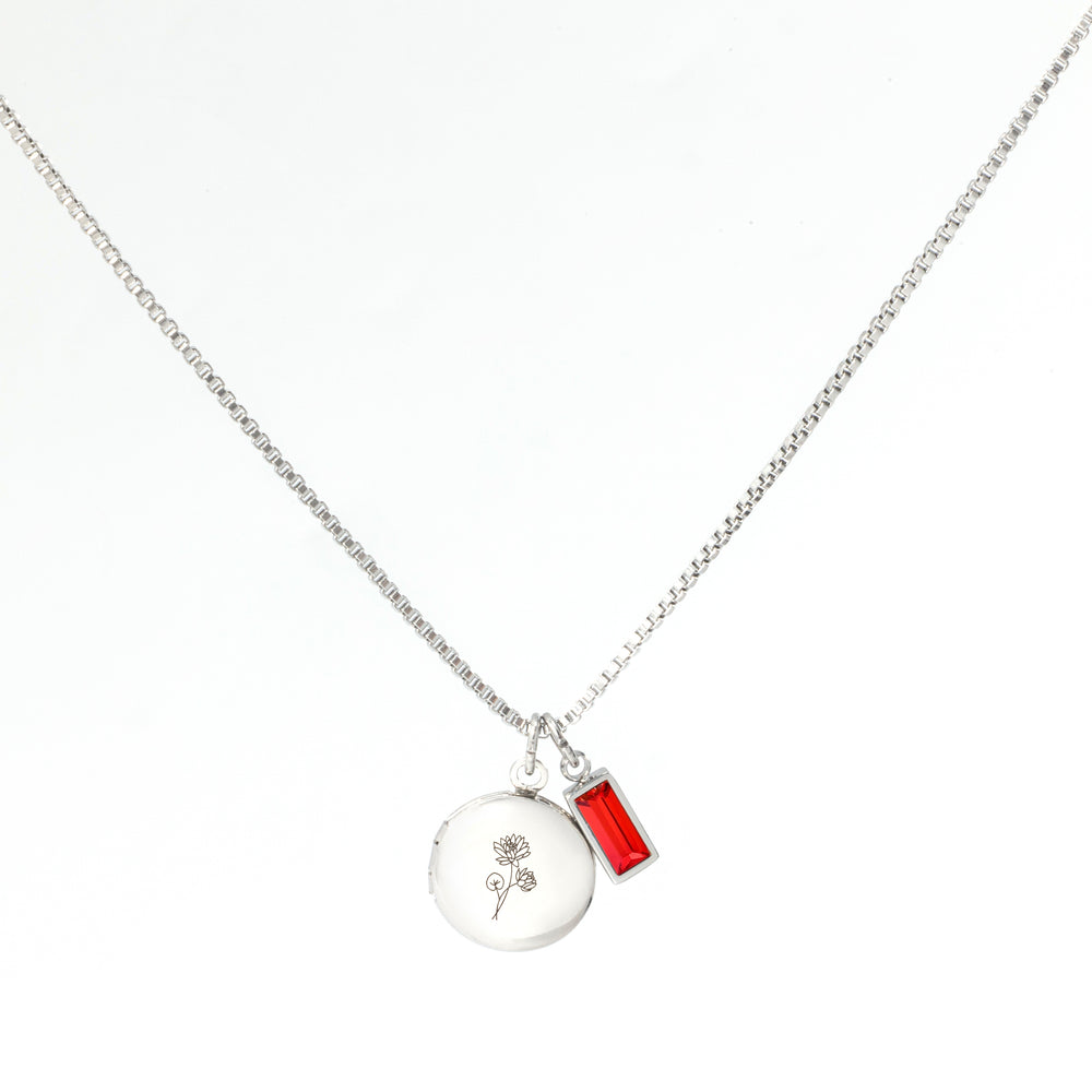 Family Birth Flower Locket Necklace with Birthstone - Silver / July Ruby