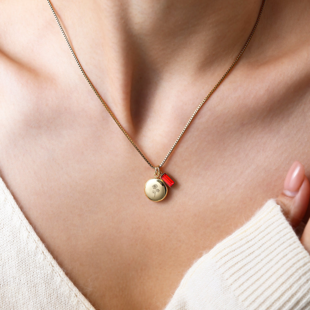 Family Birth Flower Locket Necklace with Birthstone - Silver / July Ruby
