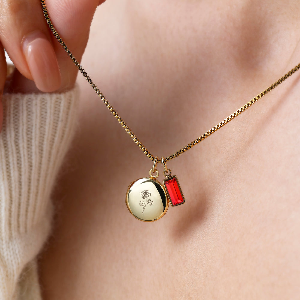 Family Birth Flower Locket Necklace with Birthstone - Silver / July Ruby