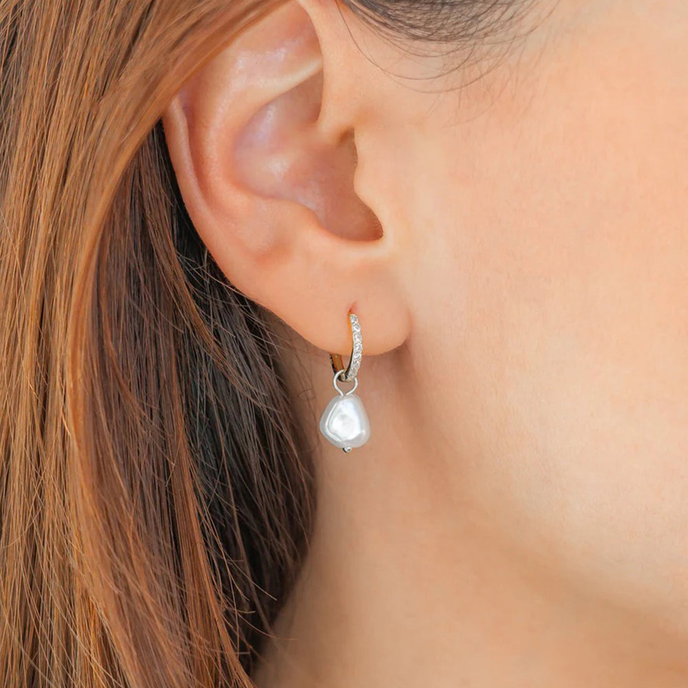Freshwater Pearl Drop Pave Huggie Earrings - 925 Sterling Silver