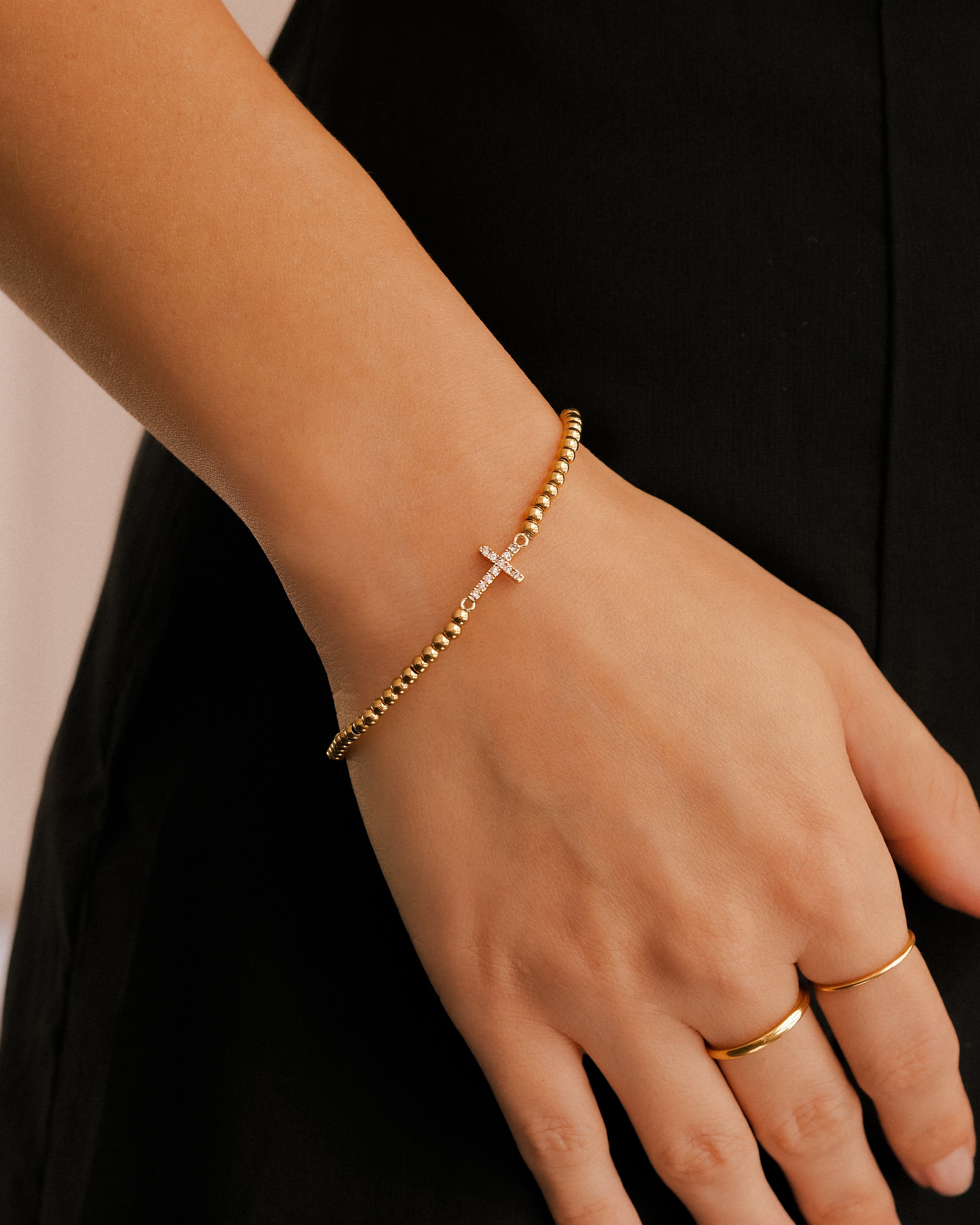 Gold Beaded Cross Stretch Bracelet