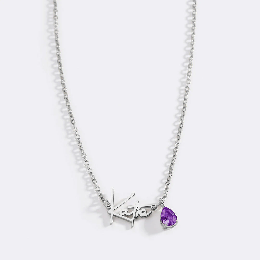 Handmade Birthstone Name Necklace - Silver / February Amethyst / 18" + 2"