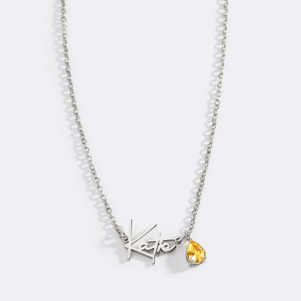Handmade Birthstone Name Necklace - Silver / November Citrine / 18" + 2"