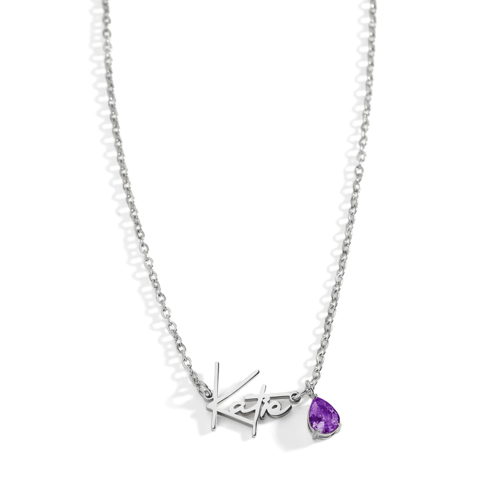Handmade Birthstone Name Necklace - Silver / February Amethyst / 18" + 2"