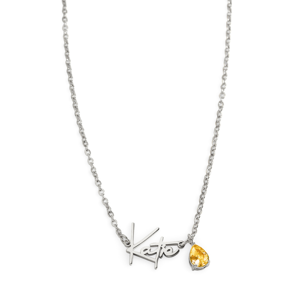 Handmade Birthstone Name Necklace - Silver / November Citrine / 18" + 2"