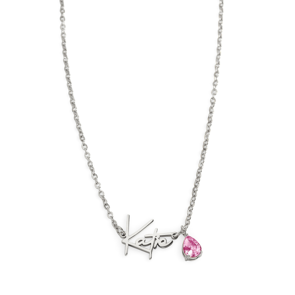 Handmade Birthstone Name Necklace - 925 Sterling Silver / October Pink Tourmaline / 18" + 2"