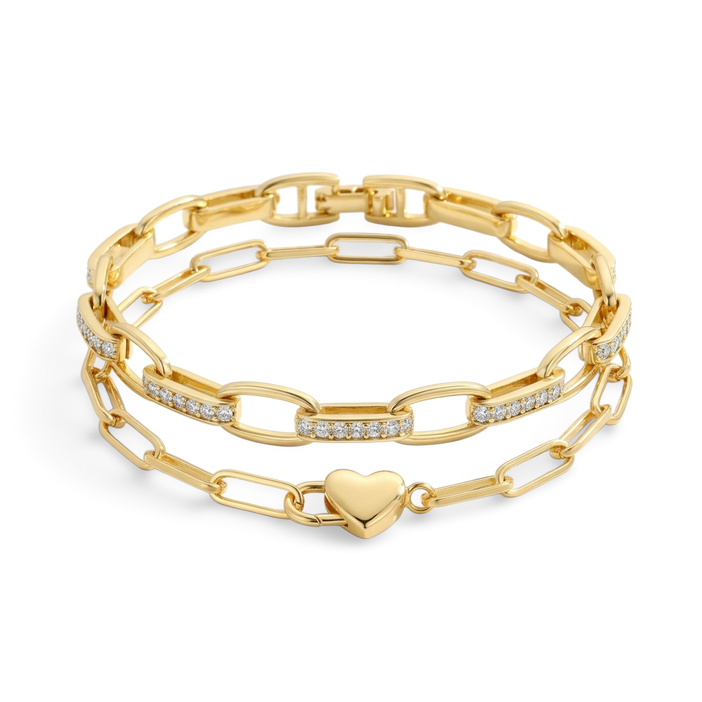 Gold Heart Padlock Bracelet stacked with the Interlinked Diamond Paperclip Bracelet