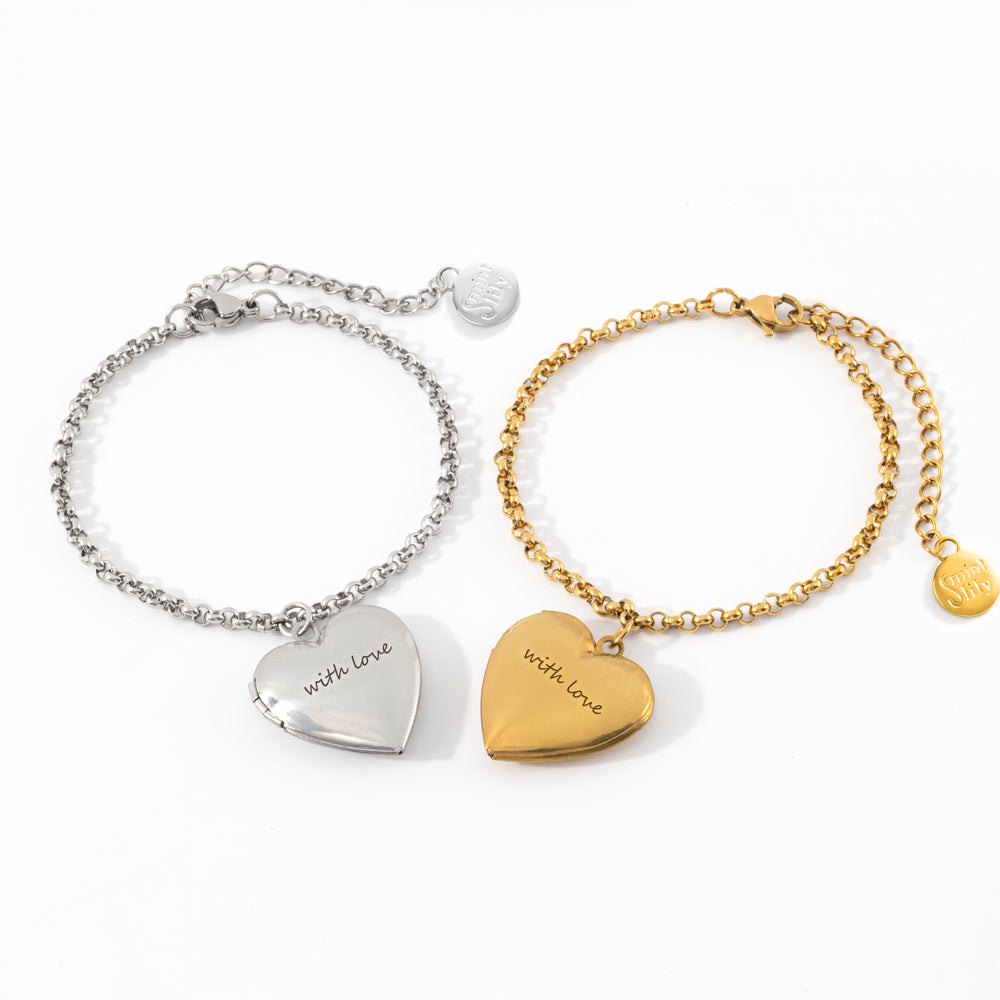 Heart Photo Locket Bracelet with Engraving - Gold / 7" + 2"