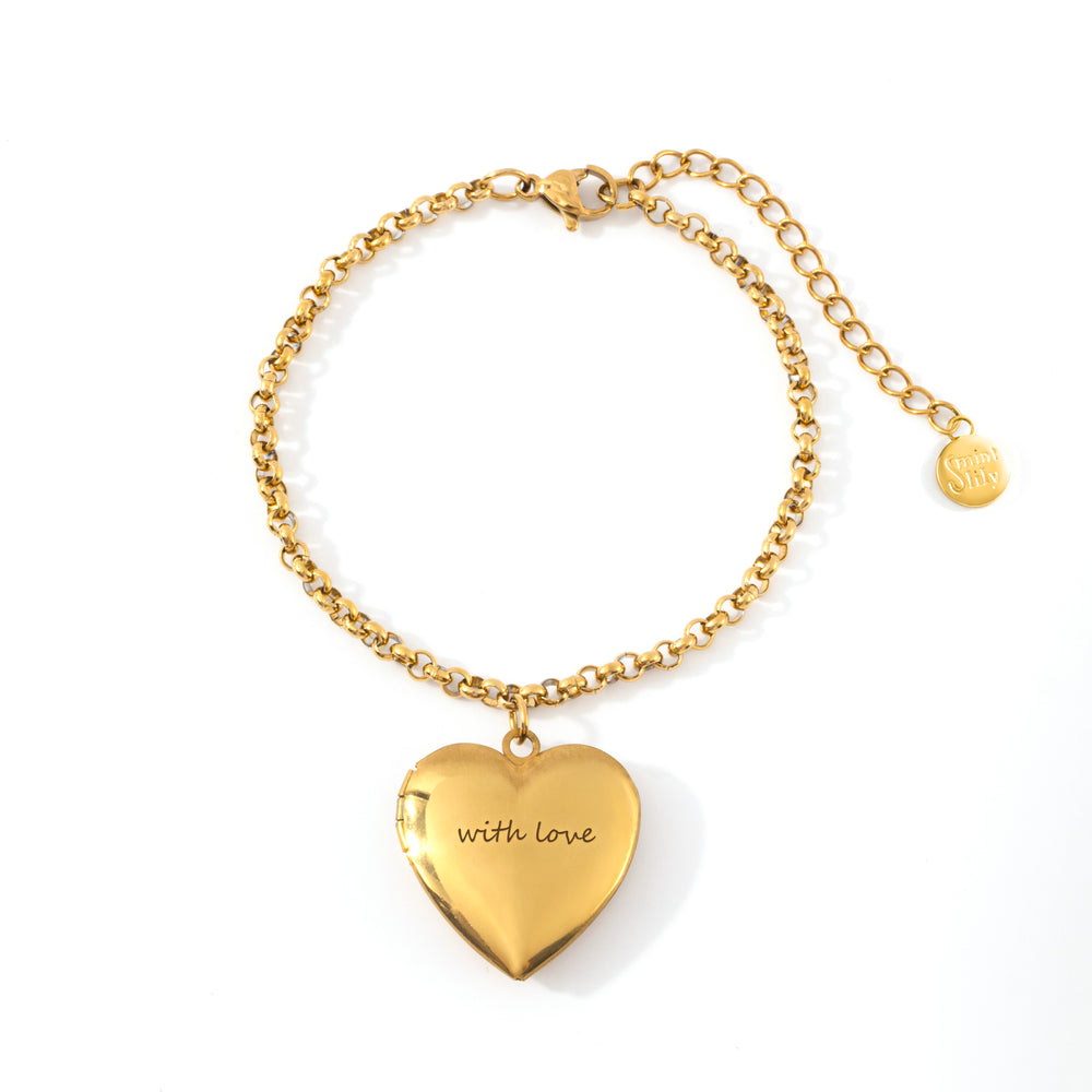 Heart Photo Locket Bracelet with Engraving - Gold / 7" + 2"
