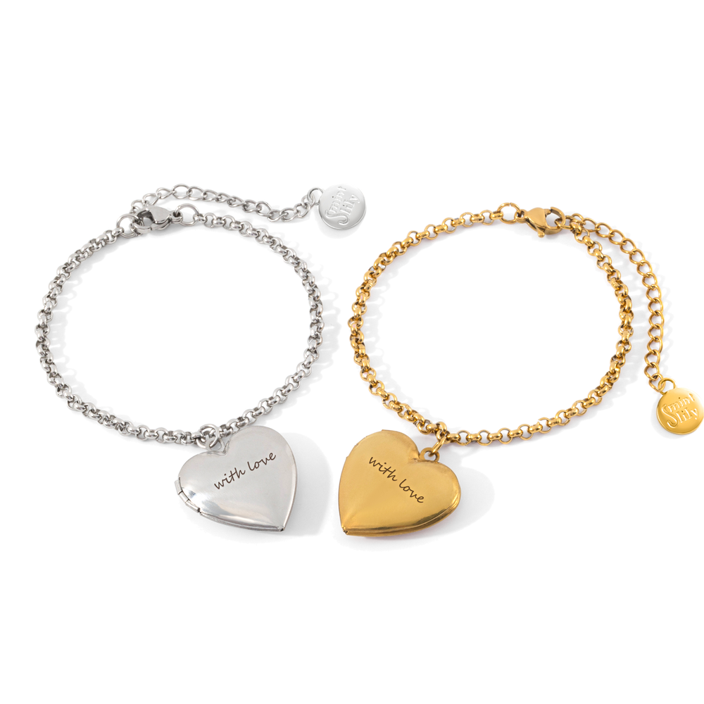 Heart Photo Locket Bracelet with Engraving - 18k Gold Plated / 7" + 2"