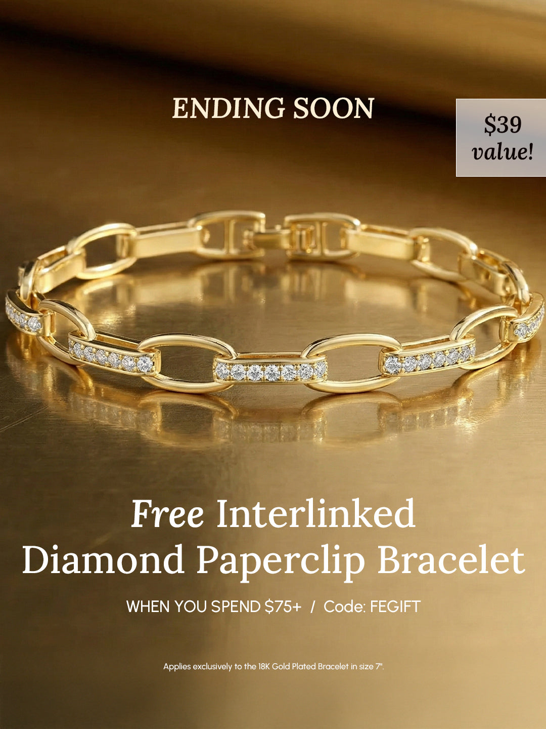 Gold bracelet with interlinked design on a reflective surface, promotional text overlay.