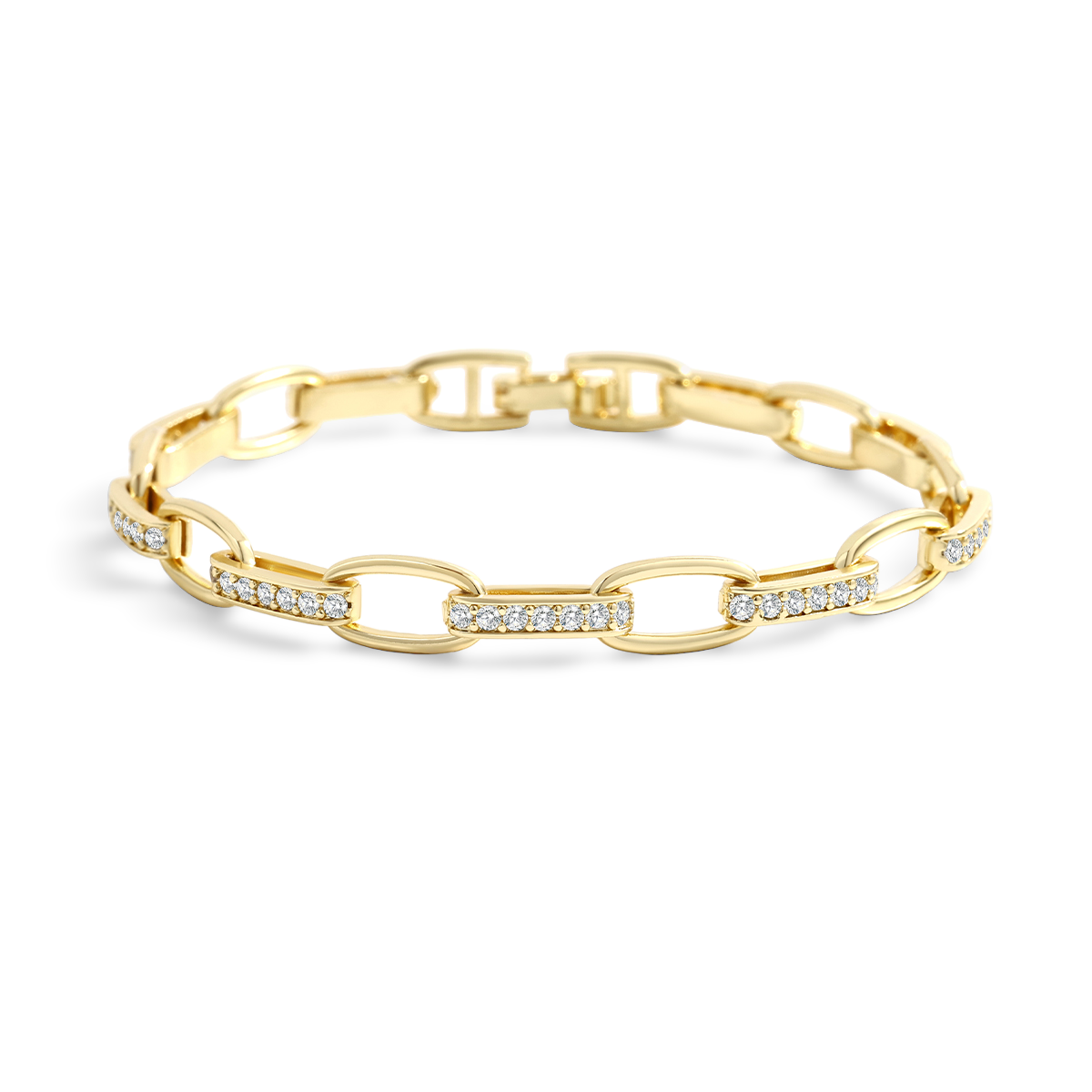 Gold chain bracelet with embedded diamonds on a white background