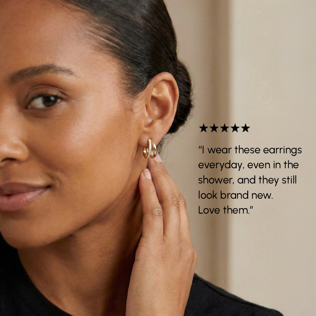 Woman wearing gold earrings with a neutral background and product review text.