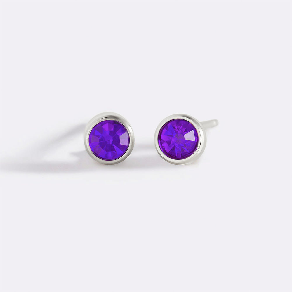 Birthstone Bezel Studs - Silver / February Amethyst