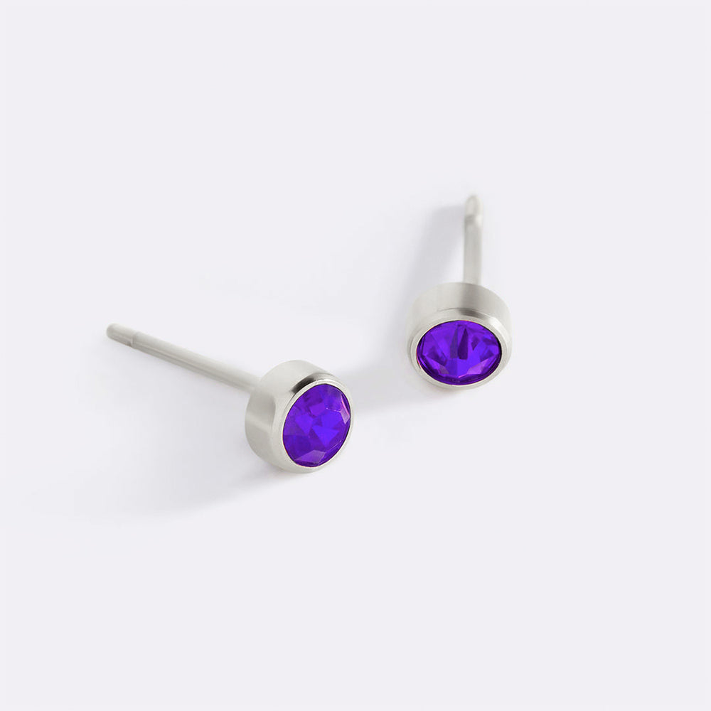 Birthstone Bezel Studs - Silver / February Amethyst