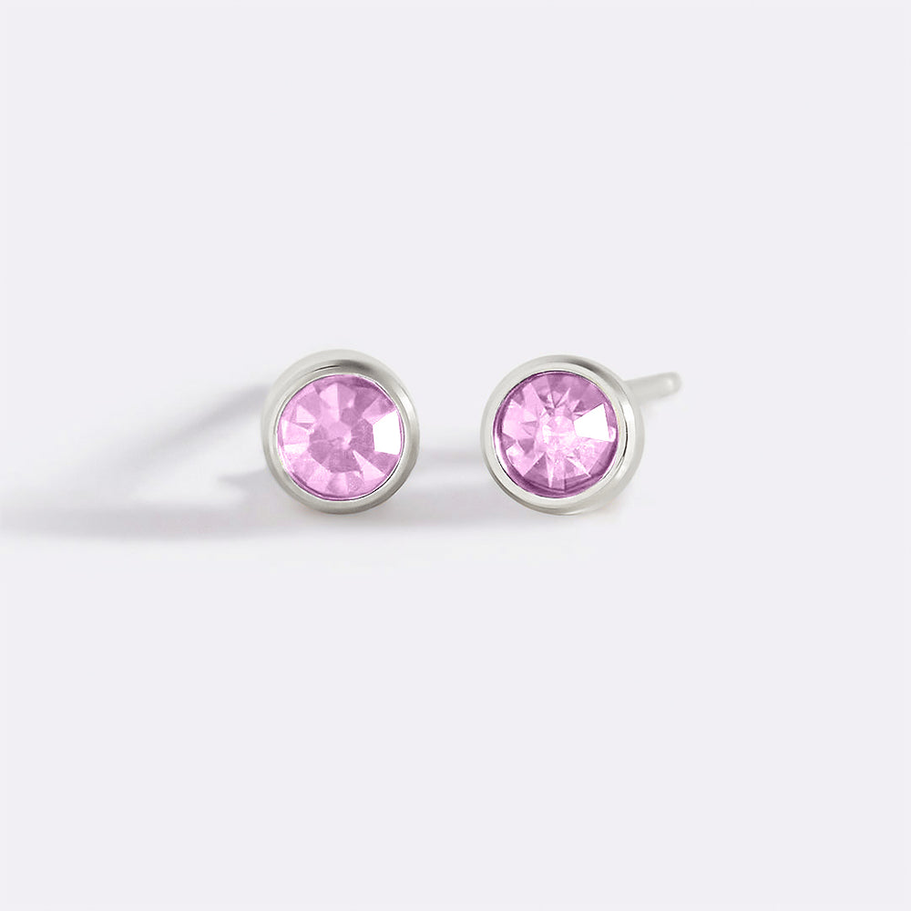 Birthstone Bezel Studs - Silver / October Pink Tourmaline