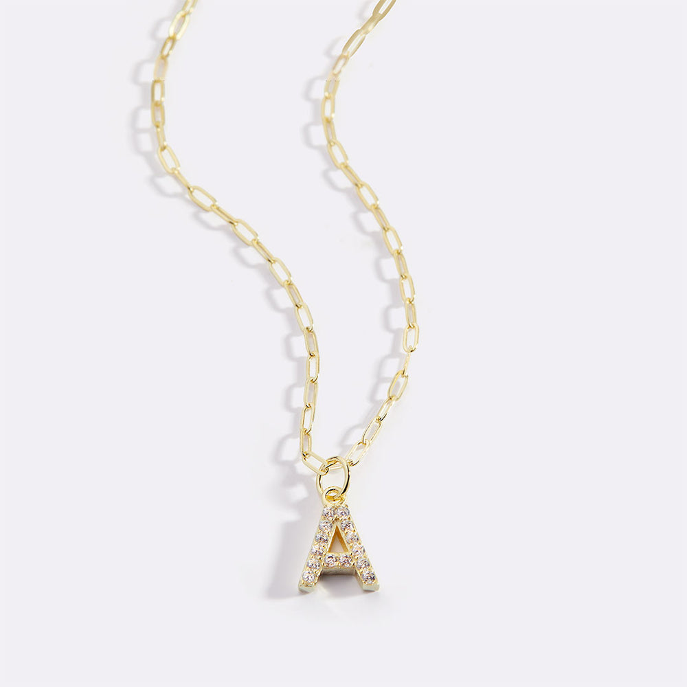 Gold Pavé Uppercase Initial Necklace - Paperclip Chain / A